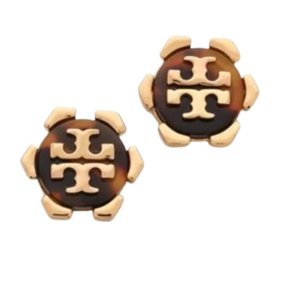Tory Burch Britten Logo Stud Earrings Gold Tortoise Enamel Style 80248 - Picture 3 of 8